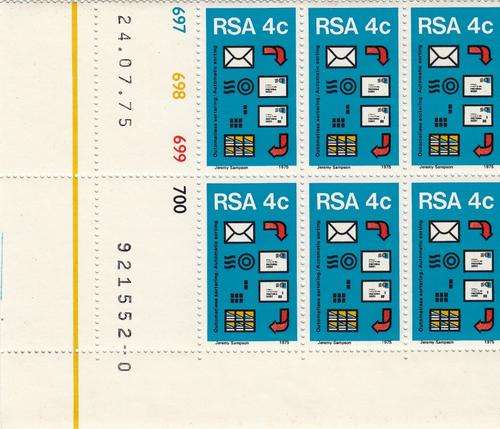 RSA 1975: POSTAL MECHANISATION SORTING: CONTROL BLOCK OF 6 x 4c MNH