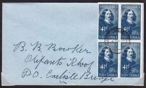 SA 1952 PRIVATE FDC WITH BLOCK OF 4 x 4 1/2d: CARLISLE BRIDGE CANCEL 6-3-1952
