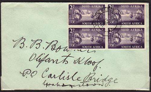 SA 1952 PRIVATE FDC WITH BLOCK OF 4 x 2d: RIEBEECK CANCEL 14-3-1952