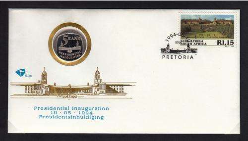 RSA OFFICIAL FDC 6.3c 1994: PRESIDENTIAL INAUGURATION WITH ORIGINAL R5 FULL STEPS COIN