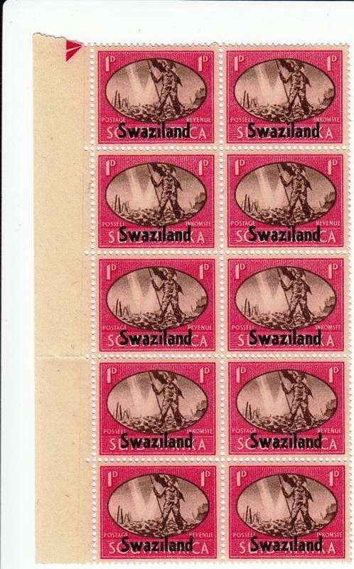 SWAZILAND 1945: VICTORY ISSUE: 1d MARGINAL BLOCK OF 10 MNH (SACC38)
