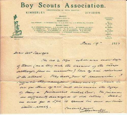 HISTORICAL DOCUMENT: BOY'S SCOUTS ASSOCIATION KIMBERLEY DIVISION 1917