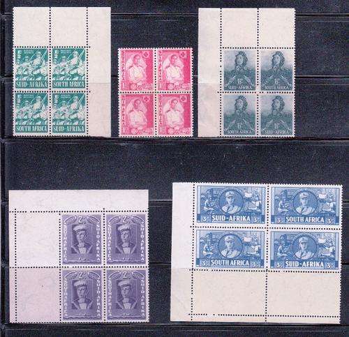 SA 1941-3: SA WAR EFFORT LARGE FORMAT FULL SET MAINLY CORNER BLOCKS OF 4 MNH