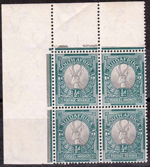 SA 1933: 1/2d CORNER BLOCK OF 4 STAMPS MNH (SACC55d)