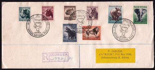 SA PRIVATE FDC 1954: DEFINITIVE ISSUE PART SET: KRUGER PARK CANCEL