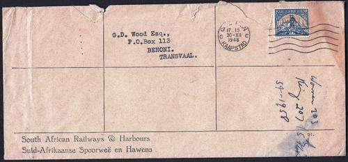 SA SA RAILWAYS & HARBOURS COVER 1948 WITH 1 1/2d SMALL MINESHAFT STAMP