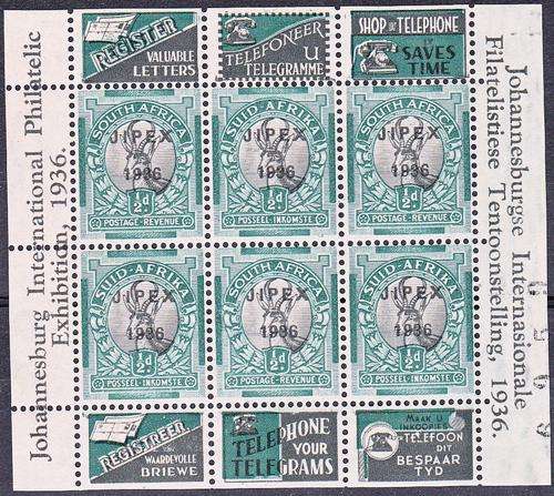 SA 1936: JOHANNESBURG INTERNATIONAL PHILATELIC EXHIBITION (JIPEX) 1/2d SHEETET OF 6 MNH
