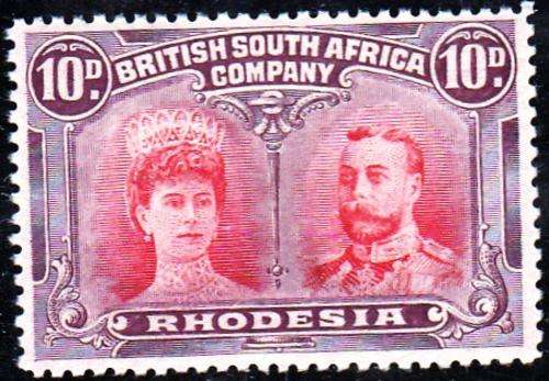 BSAC RHODESIA 1910: 10d DOUBLE HEADS - PERF14  MH (SACC149)