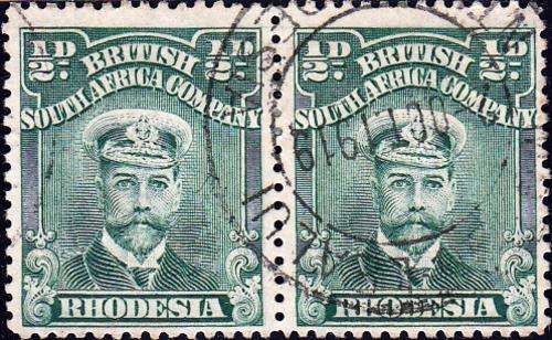 BSAC RHODESIA 1913: "THE ADMIRALS" PAIR 1/2d: PERF 14 USED (SACC187) - CANCEL 2 OCT 1919
