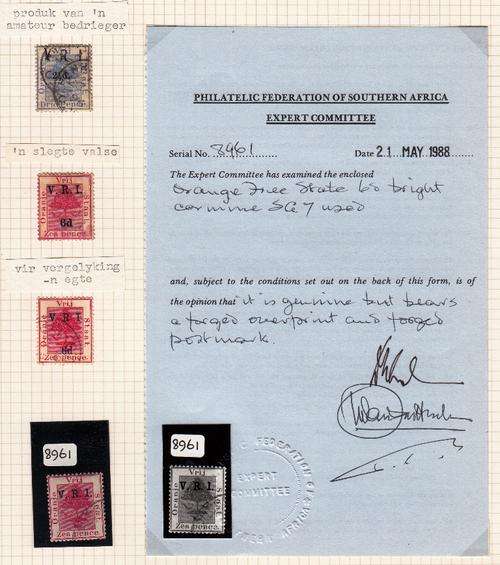 OFS 1900: CERTIFICATE AND EXAMPLES OF FORGED "V.R.I." OVERPRINTS