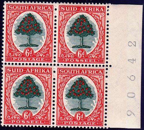 SA 1950: DEFINITIVE ISSUE 6d BLOCK OF 4 with sheet number MNH (SACC118)