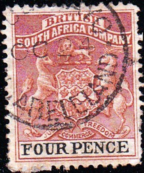 BSAC RHODESIA 1892: DEFINITIVE ISSUE FOUR PENCE USED (SACC22)