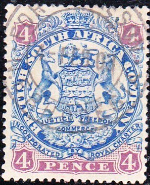 BSAC RHODESIA 1896: DEFINITIVE ISSUE FOUR PENCE: DIE I USED (SACC32)