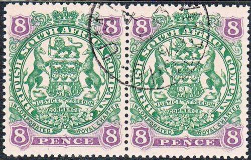 BSAC RHODESIA 1897: ADDITIONAL DEFINITIVE ISSUE EIGHT PENCE PAIR CTO (SACC64)