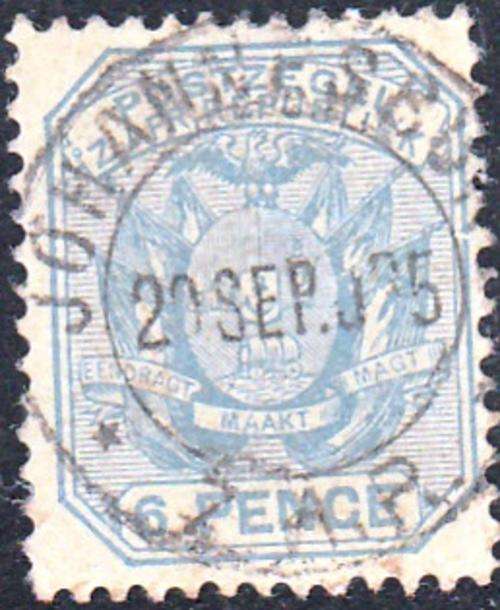 ZAR 2nd REPUBLIC 1895: SIX PENCE "WAGON WITH POLE" USED (SACC215) - LOVELY POSTMARK