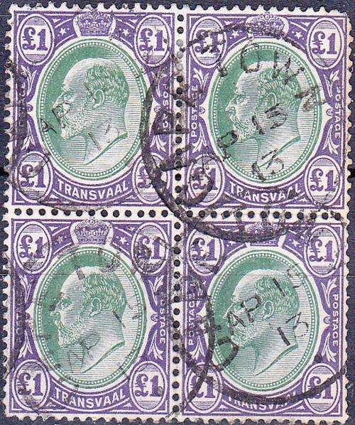 TRANSVAAL 1908: KEVII ONE POUND BLOCK OF 4 USED (SACC278) - CAPE TOWN CANCEL 15 APR 1913