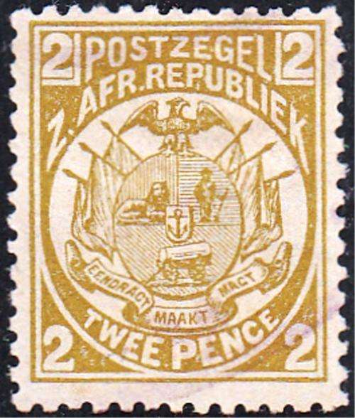 ZAR 2nd REPUBLIC 1887: ARMS TWO PENCE OLIVE-BISTRE MH (SACC181)