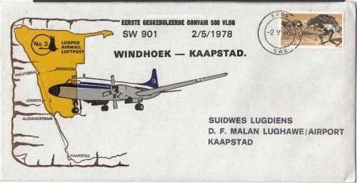 SWA 1978 OFFICIAL 1st FLIGHT COVER#3: 1st SCHEDULED CONVAIR 580 FLIGHT - WINDHOEK to CAPE TOWN