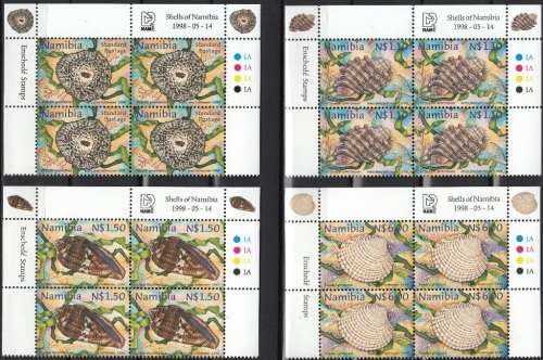 NAMIBIA 1998: SHELLS OF NAMIBIA FULL SET CONTROL BLOCKS OF 4 MNH (SACC 252-255)