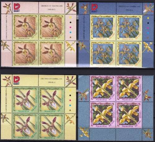 NAMIBIA 1999: ORCHIDS OF NAMIBIA FULL SET CONTROL BLOCKS OF 4 MNH (SACC 308-311)