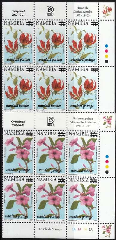 NAMIBIA 2002: SURCHARGE ON DEFINITIVES CONTROL BLOCKS OF 4 MNH (SACC 413-414)