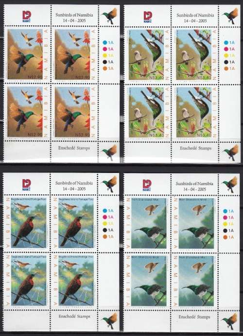NAMIBIA 2005: SUNBIRDS OF NAMIBIA FULL SET CONTROL BLOCKS OF 4 MNH (SACC 476-479)