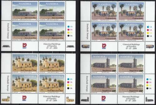 NAMIBIA 2004: HISTORICAL BUILDINGS FULL SET CONTROL BLOCKS OF 4 MNH (SACC 457-460)