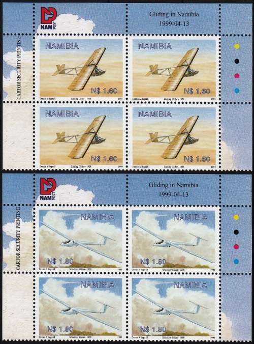 NAMIBIA 1999: HISTORY OF GLIDING SET OF BLOCKS OF 4 MNH (SACC 296-297)