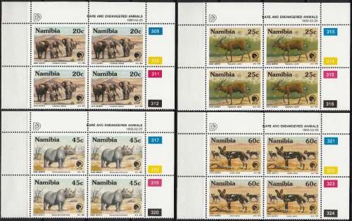 NAMIBIA 1993: RARE AND ENDANGERED ANIMALS FULL SET OF CONTROL BLOCKS OF 4 MNH (SACC 69-72)