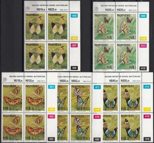 NAMIBIA 1993: 2nd DEFINITIVE ISSUE FULL SET OF CONTROL BLOCKS OF 4 MNH (SACC 86-98)