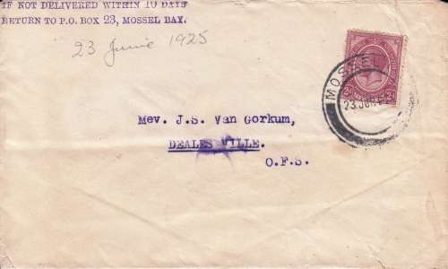 UNION COVER 1925 POSTED AT MOSSELBAAI TO DEALSVILLE - 2d KGV STAMP