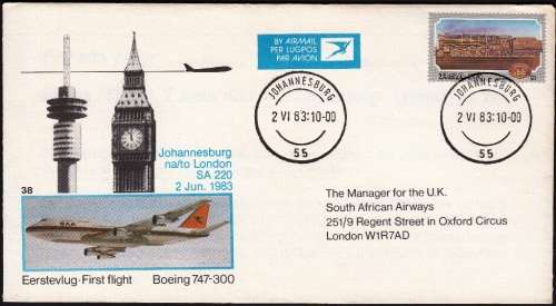 RSA 1983: SAA COVER NO 38 - 1st FLIGHT BOEING 747-300  JHB - LONDON