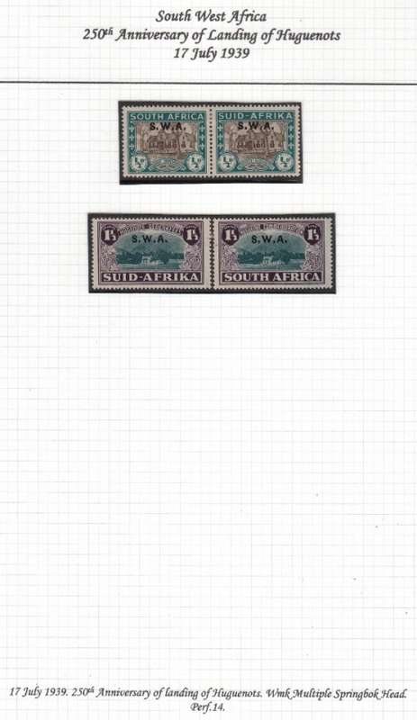 SWA 1939: 250th ANNIVERSARY OF LANDING OF HUGUENOTS OVERPRINTED S.W.A. MH (SACC138,140)