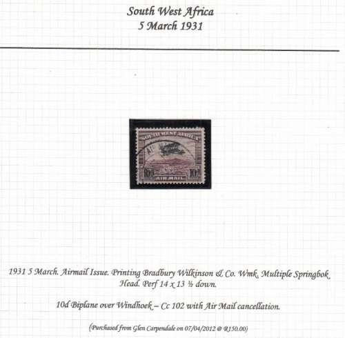 SWA 1931: AIRMAIL ISSUE 10d ENGLISH USED (SACC102)
