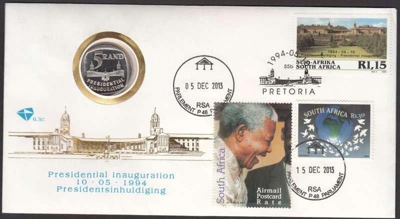 RSA 1994 OFFICIAL FDC 6.3c- PRES INAUGURATION WITH PROOF COIN + PARLIAMENT CDX DURING MEMORIAL