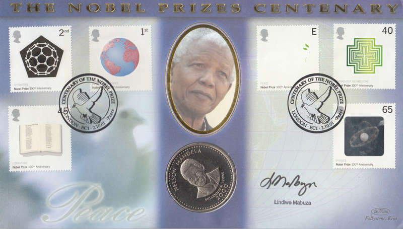 2001 Nobel Prize Centenary Nelson Mandela 25 Shillings Coin Cover - Benham First Day Cover Signed