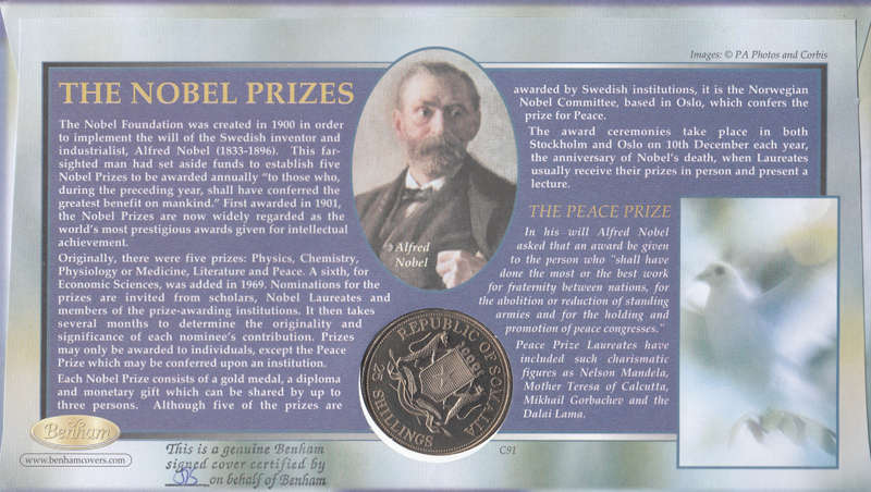 2001 Nobel Prize Centenary Nelson Mandela 25 Shillings Coin Cover - Benham First Day Cover Signed