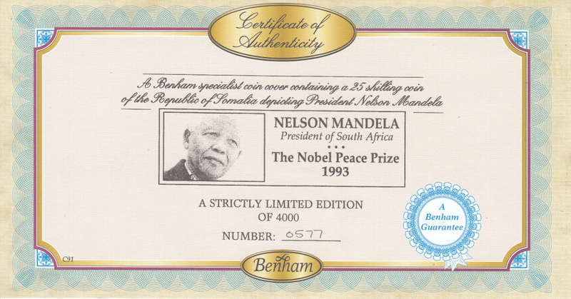 2001 Nobel Prize Centenary Nelson Mandela 25 Shillings Coin Cover - Benham First Day Cover Signed