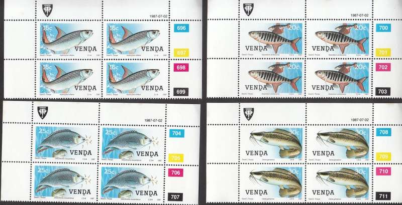 VENDA 1987: FRESHWATER FISH FULL SET CONTROL BLOCKS MNH (SACC 160-163)