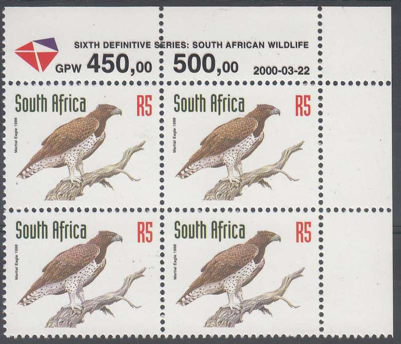 RSA 2000 REDRAWN 6th DEFINITIVE THREATENED FAUNA R5 MNH CONTROL BLOCK DATED 22/3/2000 (SACC1169a)