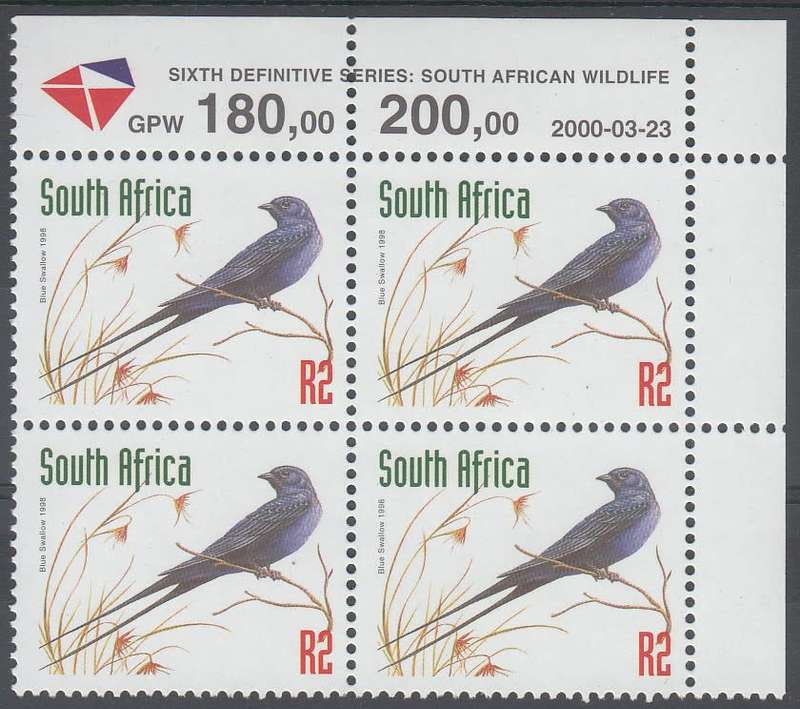 RSA 2000 REDRAWN 6th DEFINITIVE THREATENED FAUNA R2 MNH CONTROL BLOCK DATED 23/3/2000 (SACC1167b)