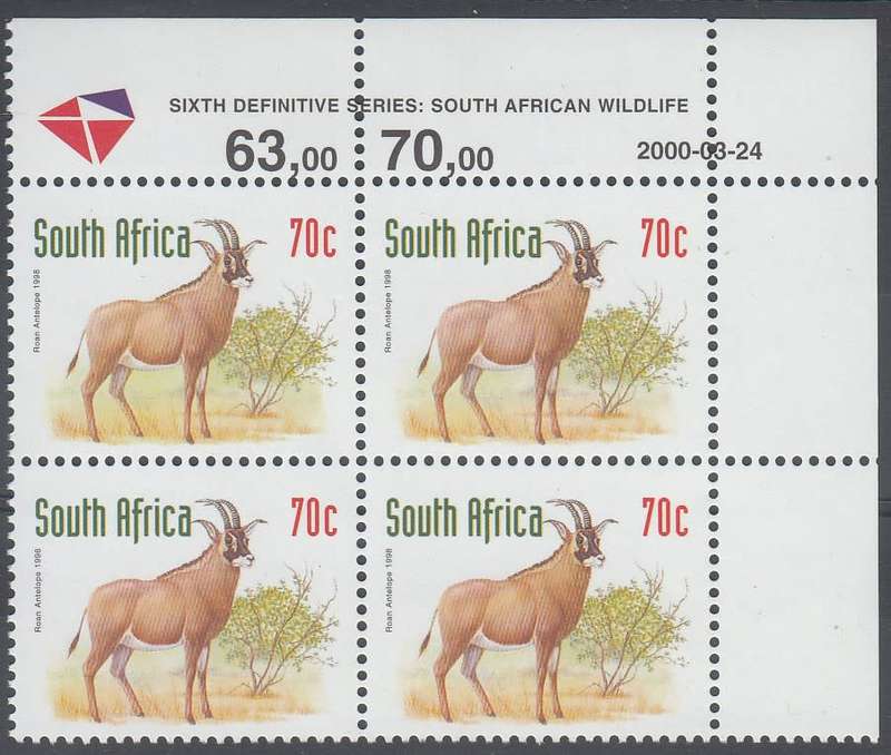 RSA 2000 REDRAWN 6th DEFINITIVE THREATENED FAUNA 70c MNH CONTROL BLOCK DATED 24/3/2000 (SACC1163a)