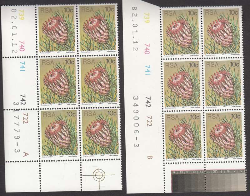 RSA 1982 3rd DEFINITIVE ISSUE 10c MNH CONTROL BLOCKS A + B DATED 12/1/1982 (SACC427a)