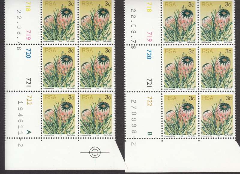 RSA 1978 3rd DEFINITIVE ISSUE 3c MNH CONTROL BLOCKS A + B DATED 22/8/1978 (SACC420)