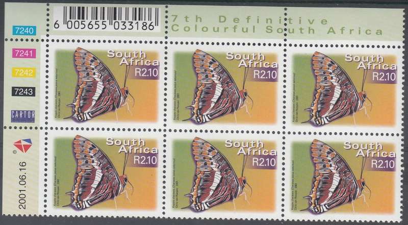 RSA 2001: 7th DEFINITIVE ISSUE R2.10 CONTROL BLOCK OF 6 DATED 16.6.2001 MNH (SACC1405)