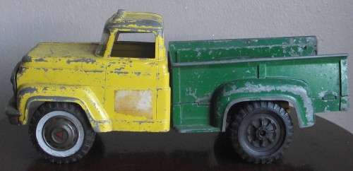 HUBLEY PRESSED STEEL MIGHTY METAL PICKUP TRUCK, YELLOW CAB GREEN BED HOOD