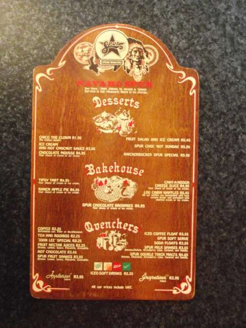 VINTAGE SPUR DESSERT WOODEN MENU -  NAVAHO SPUR BRACKENFELL - COFFEE R1.95