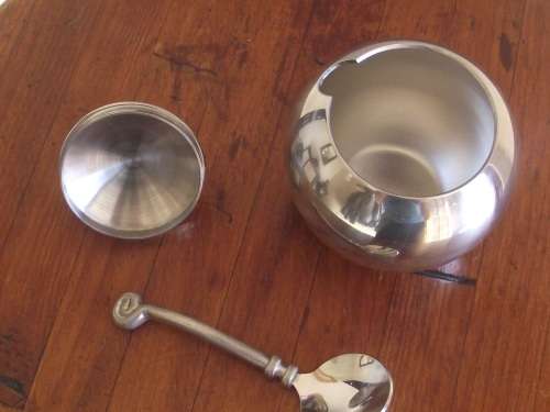 CARROL BOYES ROUND WAVE DESIGN LIDDED SUGAR BOWL AND SPOON
