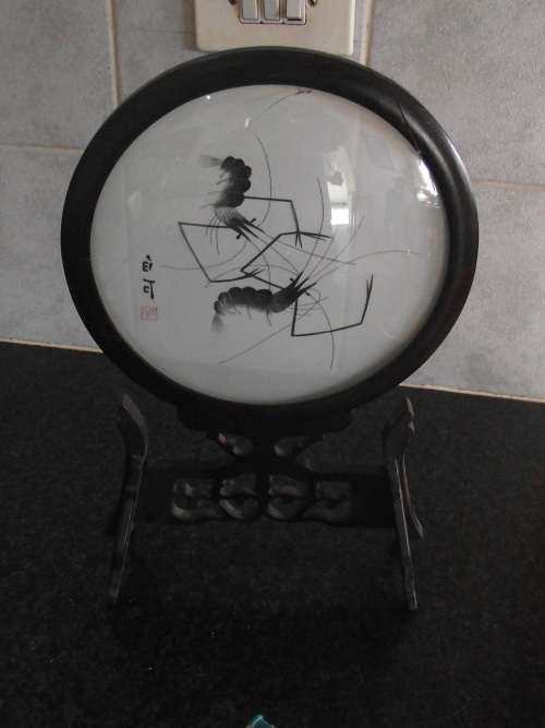 PRAWN SHRIMP WOOD SCREEN 2-SIDED CHINESE SU EMBROIDERY FRAMED --- DAMAGED