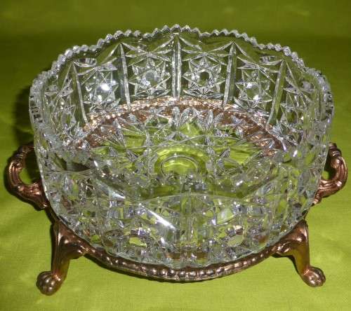 LARGE AND HEAVY!!! 2,8kg's! Cut Glass Bowl on Brass Stand with Four Paw Feet and Two Handles